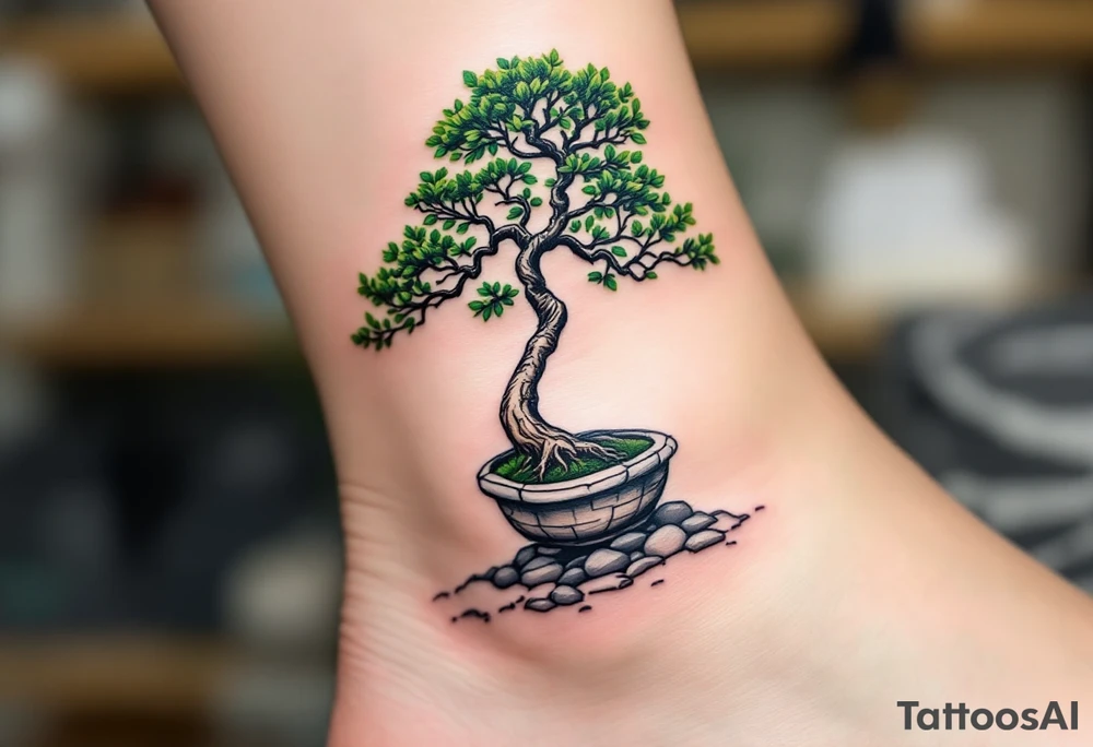 A green and black bonsai tree growing from a small rocky base, symbolizing harmony and patience. tattoo idea