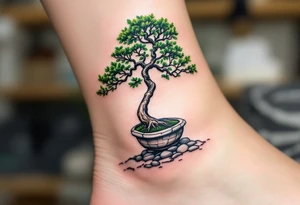 A green and black bonsai tree growing from a small rocky base, symbolizing harmony and patience. tattoo idea