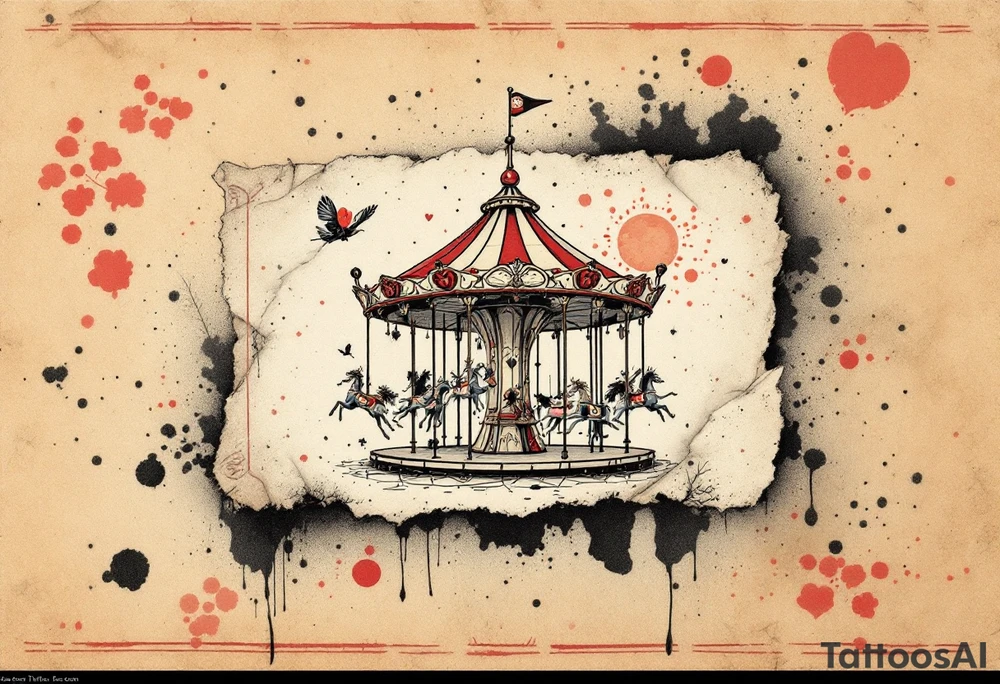 Tim Burton’s forgotten carousel ticket lies torn and weathered in dusty red, cream, and smudged ink black. tattoo idea