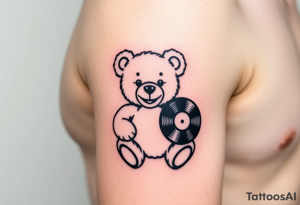 minimalist teddy bear smiling and holding a vinyl record tattoo idea