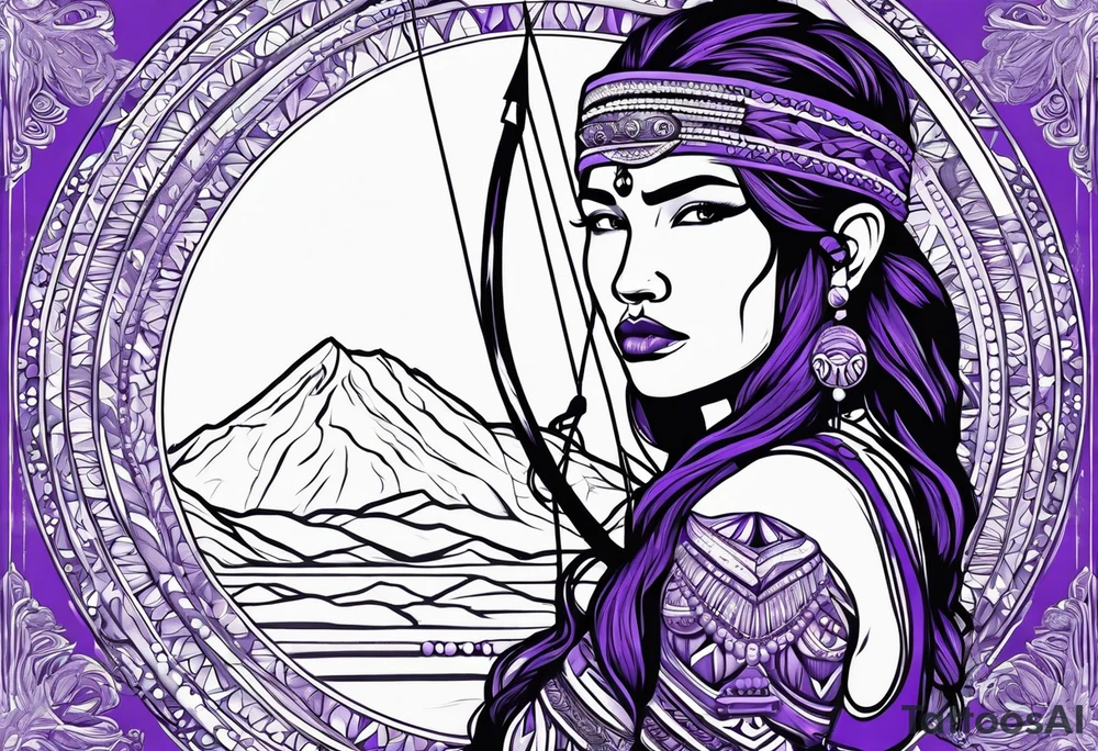 native woman female archer with bead headband sitting on a purple buffalo standing still tattoo idea