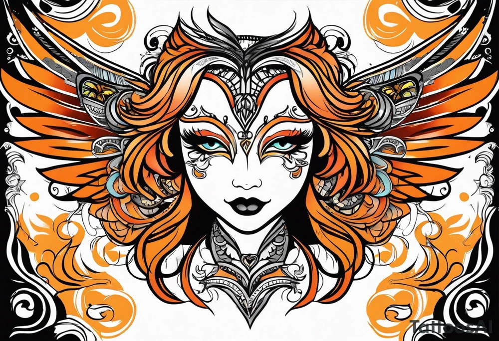 Angel masquerade face black and orange tattoo idea