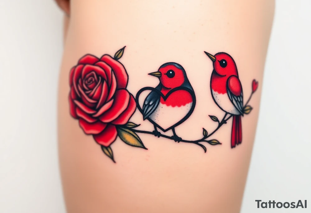 Small red rose and red robin with a infinity heart on hip tattoo idea