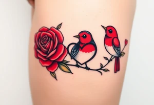 Small red rose and red robin with a infinity heart on hip tattoo idea