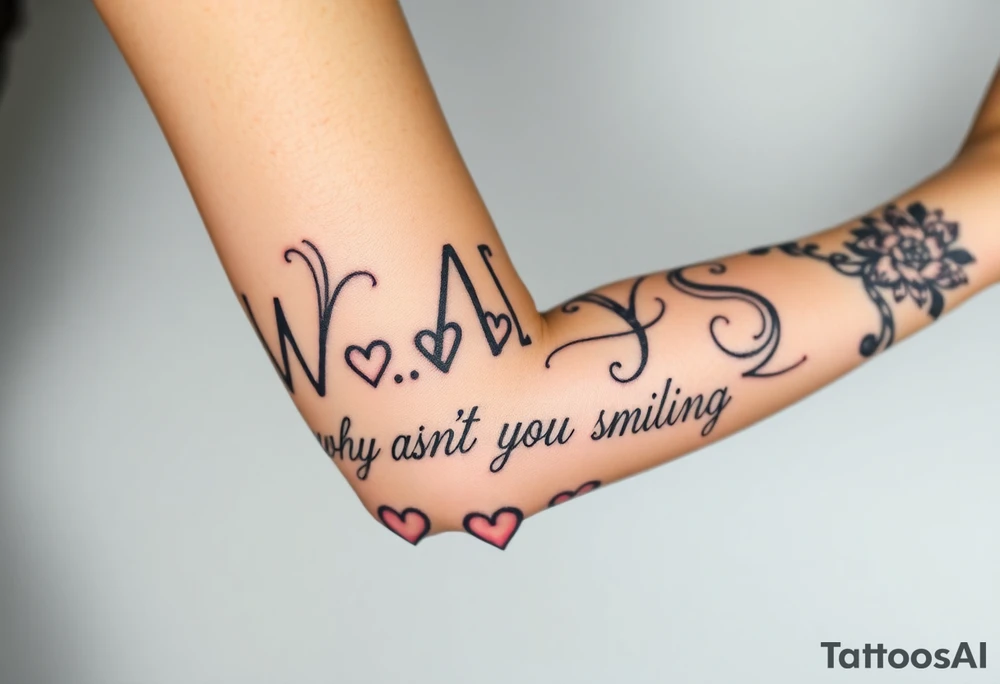 W.A.Y.S spelled out with why aren’t you smiling under neath it with hearts with 444 tattoo idea