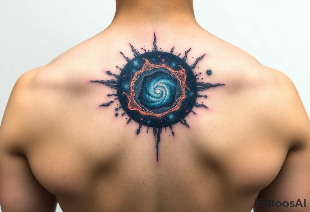 The galaxy using negative spaces with hints of blue and copper tattoo idea