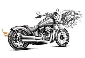 Low rider grey motorcycle, big muffler pipes with flames, angel wings, driving away, no person tattoo idea