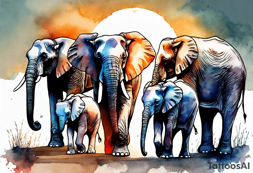 family of 6 elephants walking into sunset after one of them has died tattoo idea