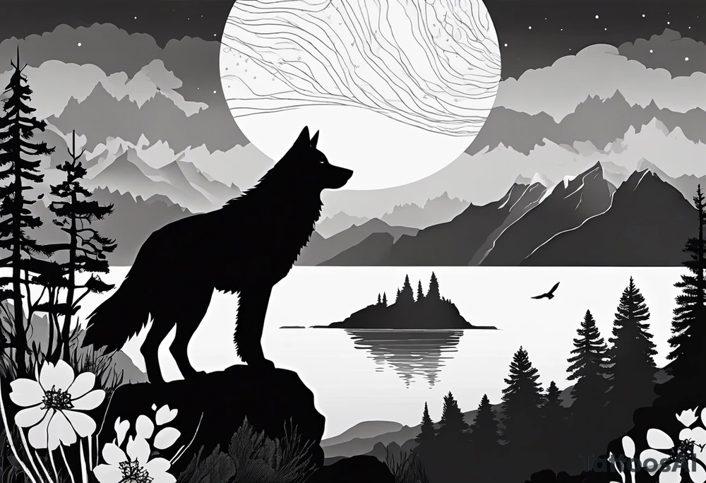 Black and white silhouette illustration of a majestic, bioluminescent wolf and eagle perched on a rocky mountain. The wolf and eagle are outlined in bold black lines, with a subtle glow suggested through radiating shapes around their forms. The surrounding landscape features silhouettes of glowing flowers, trees, and a winding river, all outlined simply. The overall atmosphere captures a sense of magical wonder, with the focus on the stark contrast of the glowing figures against the minimalist background. tattoo idea