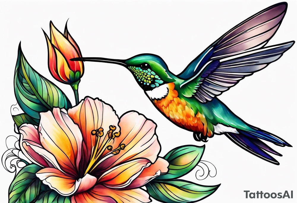 Flowers and humming bird with the name Kieanna tattoo idea
