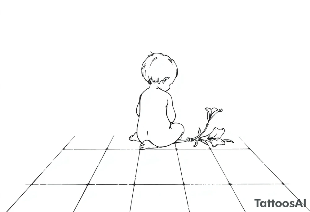 A simple tile floor with a minimalist outline of a curled child sitting on the floor with a lily next to her tattoo idea
