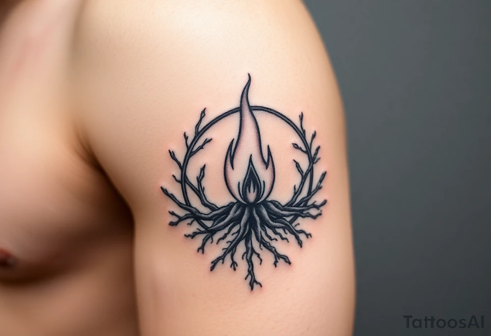 a flame imprisoned in roots circle tattoo idea
