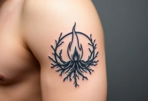 a flame imprisoned in roots circle tattoo idea