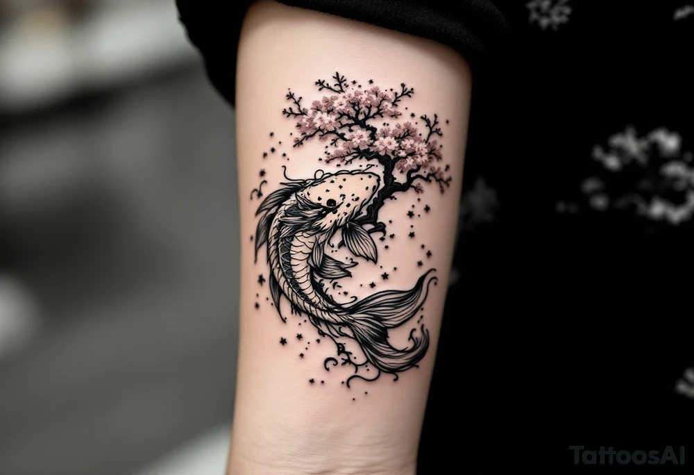 koi fish  with a dragon 
with a sakura tree in the background, Japanese inspired piece tattoo idea
