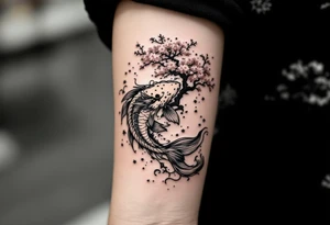 koi fish  with a dragon 
with a sakura tree in the background, Japanese inspired piece tattoo idea