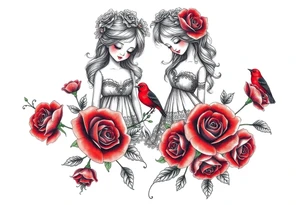 Vintage dollies, red roses, lace, red bird, no people, vintage, lower wrap arm tattoo tattoo idea