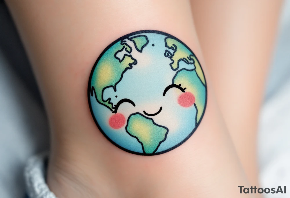 A cute cartoon Earth with smiling eyes is shaded in light blue and mint green with rosy cheeks. tattoo idea