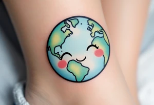 A cute cartoon Earth with smiling eyes is shaded in light blue and mint green with rosy cheeks. tattoo idea