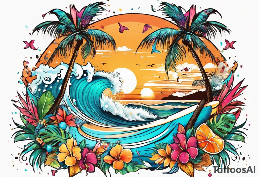 SURFING SAFARI BEACH DANCE 
PARTY WITH CONFETTI AND MUSIC NOTES, TROPICAL DRINKS, SEXY BIKINIS tattoo idea