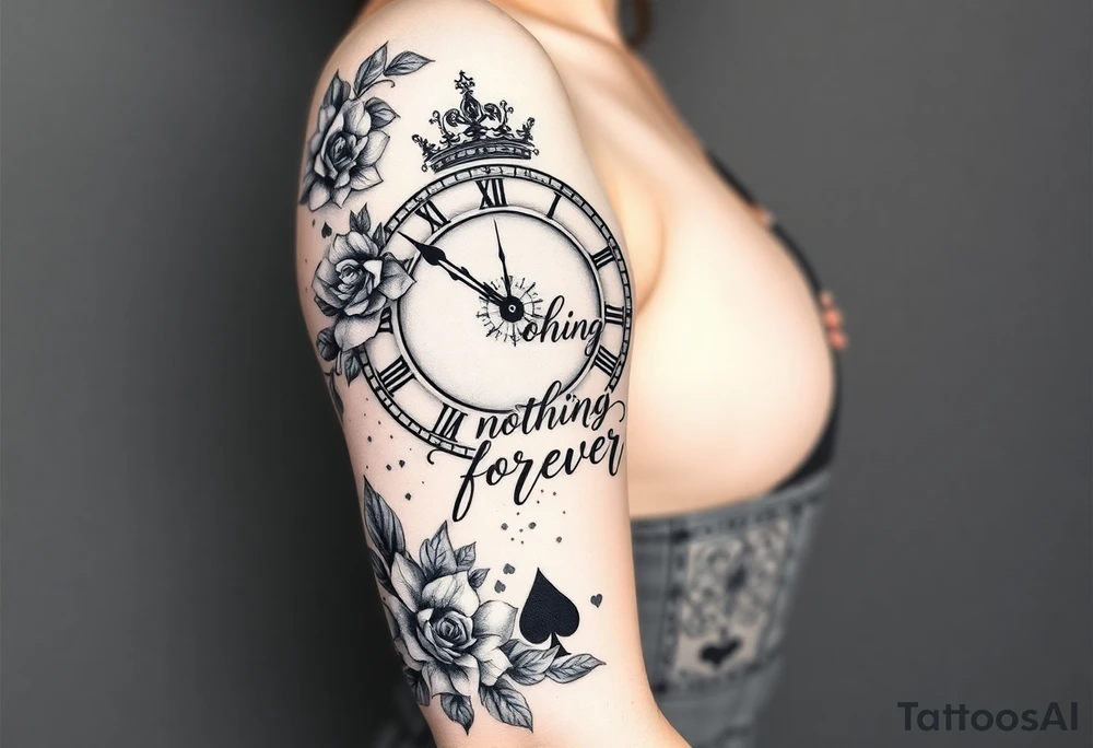 Roman clock with roses and a crown,  a quote that says nothings forever. and on the bottom a deck of cards tattoo idea