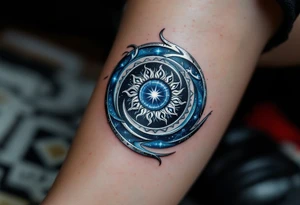 A deep blue Celtic sun tattoo, laced with silver highlights, swirls in an intricate spiral on the calf. tattoo idea