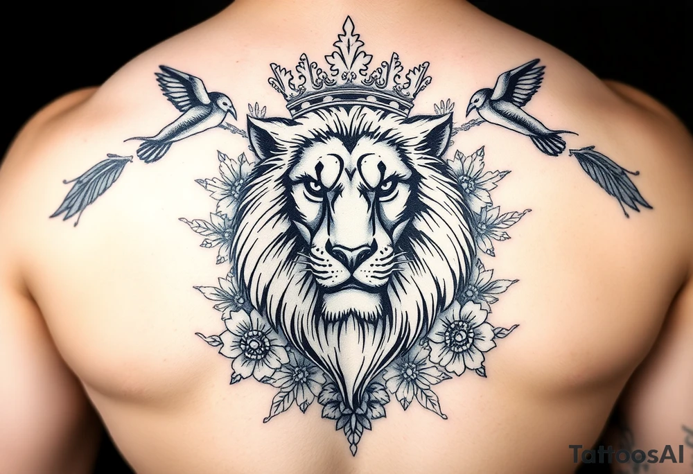 powerful majestic lion with a crown, surrounded by floral ornaments and birds tattoo idea