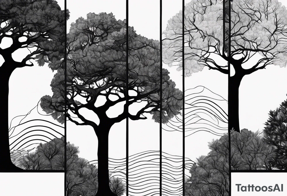 close up line drawing of 5 trees tattoo idea