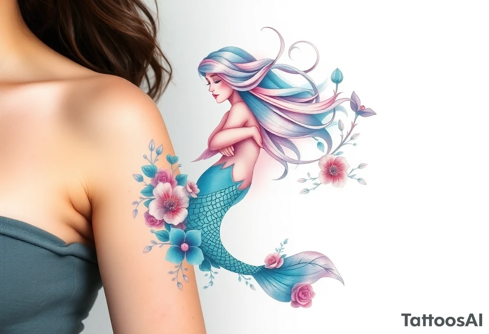 ethereal mermaid with flowing hair among coral and sea flowers tattoo idea