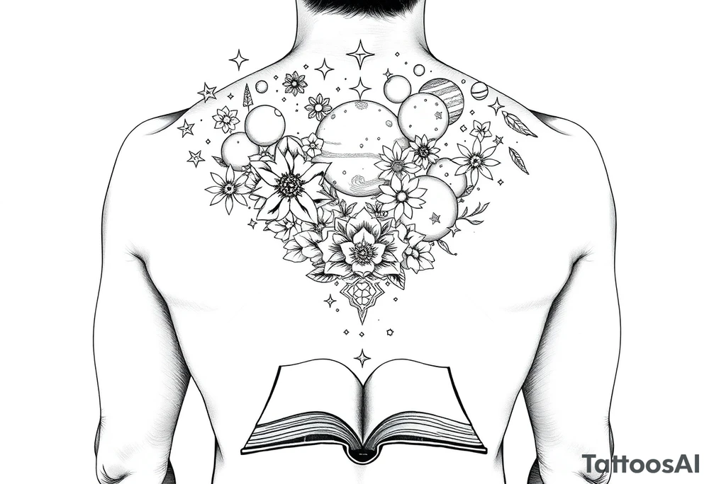 line art drawing of a womans torso with stars, flowers and planets coming from her head. her arms are crossed onto her shoulders,. An open book at the bottom tattoo idea