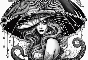 a sea witch with tentacles holding an umbrella tattoo idea