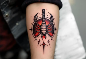 Antares blazes in blood-red defiance as Scorpius astrology symbol rises, coiled in cosmic mystery towards its star constellation tattoo idea