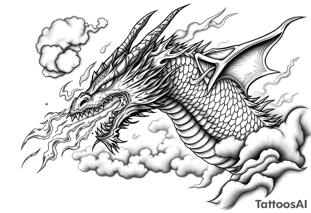 fierce dragon breathing iridescent fire against stormy skies tattoo idea