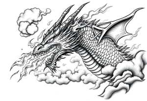 fierce dragon breathing iridescent fire against stormy skies tattoo idea