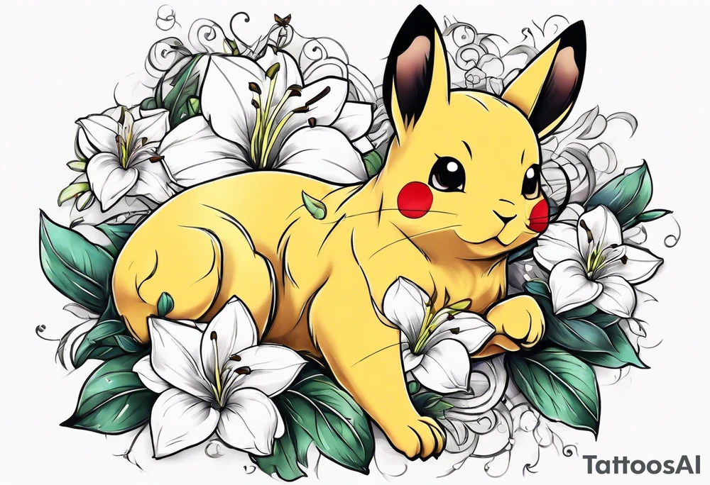 Pickachu and lioness with lilies hearts and music notes tattoo idea