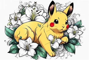 Pickachu and lioness with lilies hearts and music notes tattoo idea