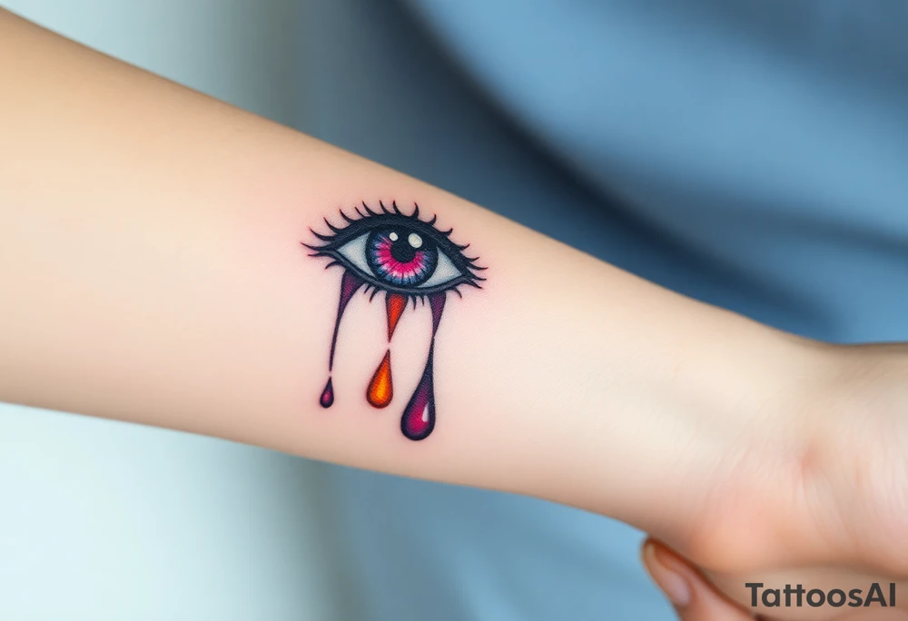 Teary eyea with a dripping large tear drop with a rainbow gradient, from rich red at the top to violet at the bottom tattoo idea