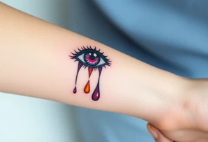 Teary eyea with a dripping large tear drop with a rainbow gradient, from rich red at the top to violet at the bottom tattoo idea