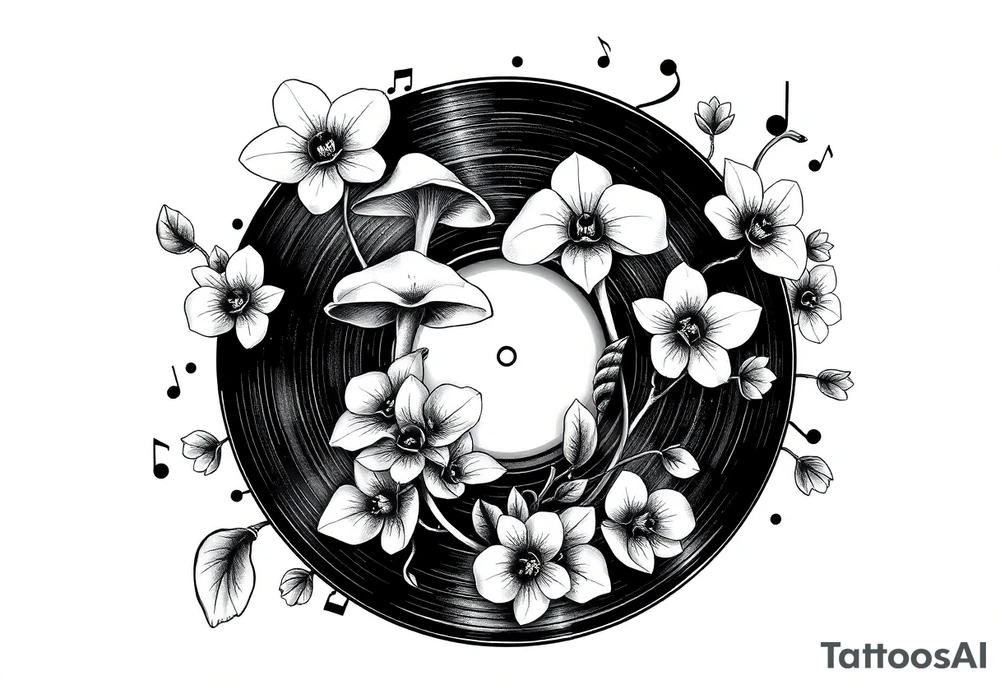 one black and white vinyl record with mushrooms, orchids, and music notes around it tattoo idea