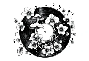 one black and white vinyl record with mushrooms, orchids, and music notes around it tattoo idea