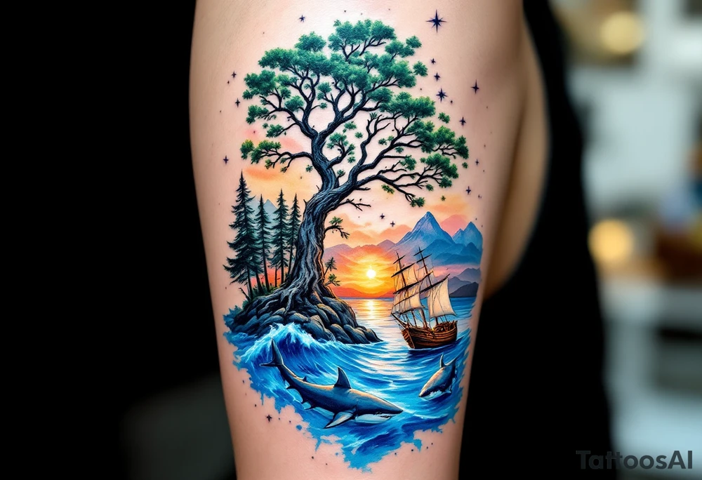 tattoo that has an acacia tree with forest mountains, ocean with a ship wreck with sharks and the bright northern star tattoo idea