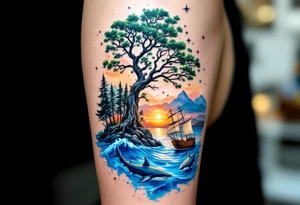 tattoo that has an acacia tree with forest mountains, ocean with a ship wreck with sharks and the bright northern star tattoo idea