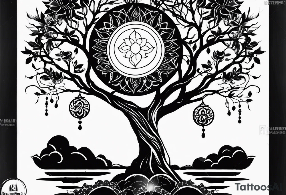 spiritual feminine tattoo for sleeve without faces, just sun and moon, tree of life and powerful symbols 24 feet tall by 4 inches wide tattoo idea
