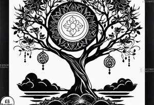 spiritual feminine tattoo for sleeve without faces, just sun and moon, tree of life and powerful symbols 24 feet tall by 4 inches wide tattoo idea