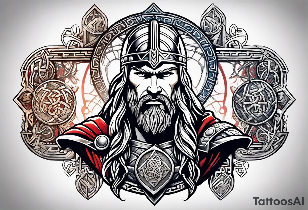 Thor with Viking runes in the background as a vignette tattoo idea