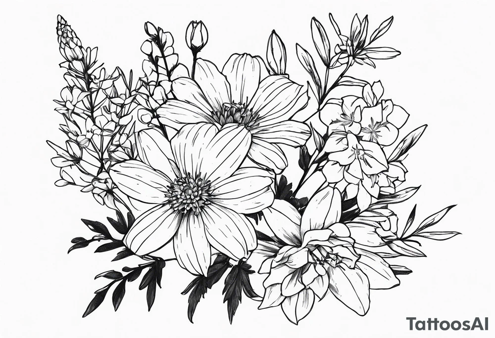 Aster and  delphinium tall bouquet tattoo idea