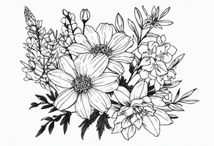 Aster and  delphinium tall bouquet tattoo idea