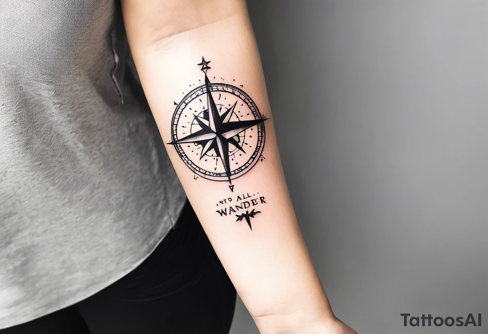A half sleeve tattoo that features the quote **"Not all who wander are lost"** in elegant script on the outer forearm. Surrounding it are a compass rose and flowing elements like mountains, waves, and trees, symbolizing adventure and nature. Small travel icons like a plane and backpack are interspersed, enhancing the theme of exploration. The design uses a dynamic look that wraps naturally around your forearm. tattoo idea