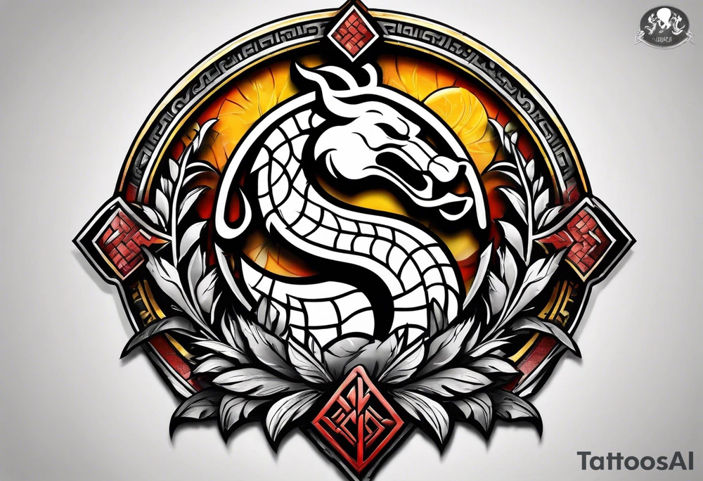 mortal kombat symbol with mickey mouse, palm trees and the celtic symbol for family tattoo idea