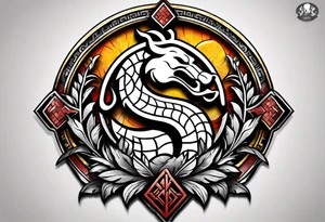 mortal kombat symbol with mickey mouse, palm trees and the celtic symbol for family tattoo idea