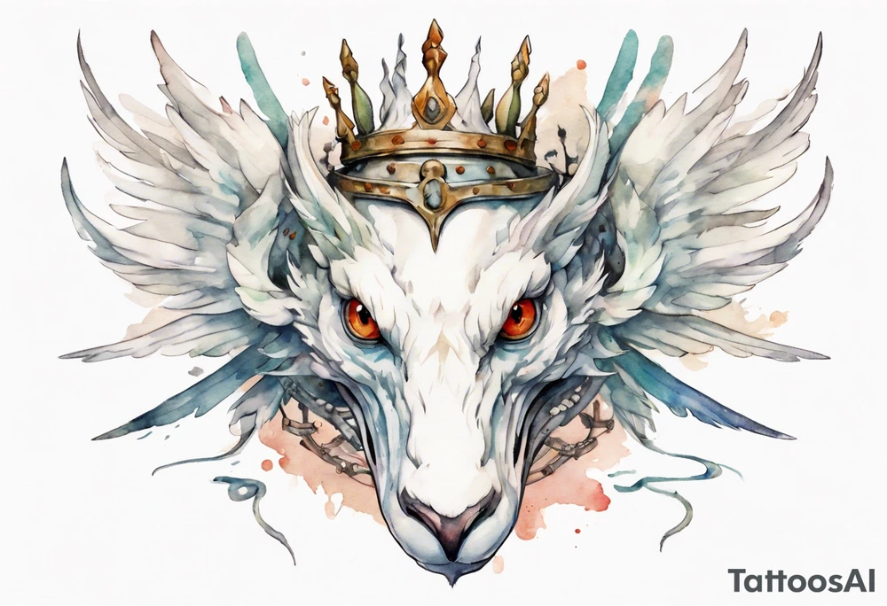 a white bird-serpent hybrid, wearing an iron crown on its head tattoo idea